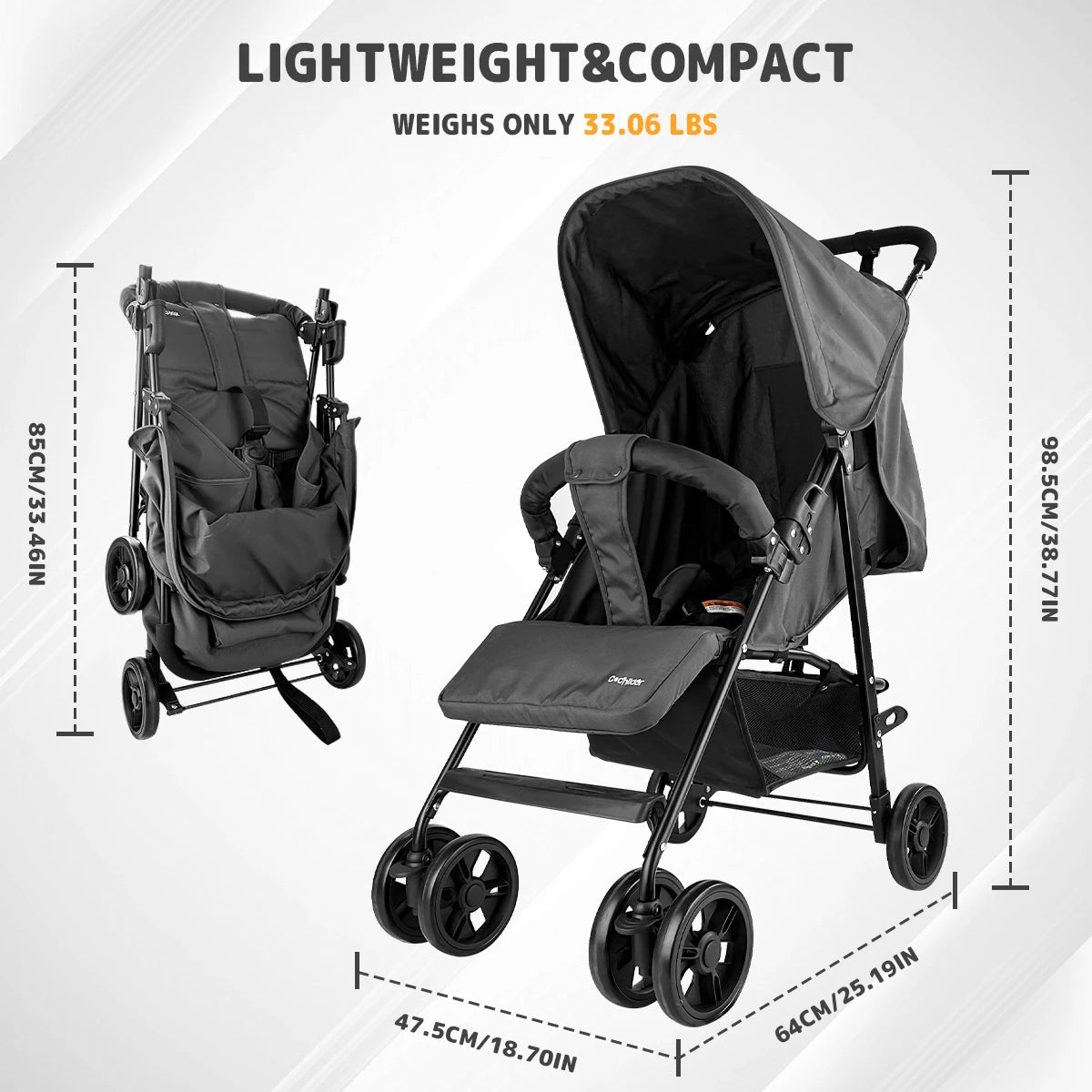 2-in-1 baby stroller, with a metal frame and comfortable fabric, is lightweight and foldable. The built-in belt is designed to k