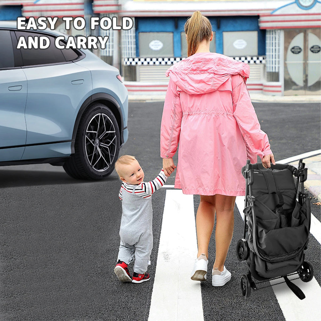 2-in-1 baby stroller, with a metal frame and comfortable fabric, is lightweight and foldable. The built-in belt is designed to k