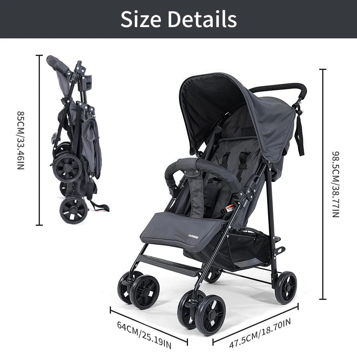 2-in-1 baby stroller, with a metal frame and comfortable fabric, is lightweight and foldable, comes with a safety belt, and has