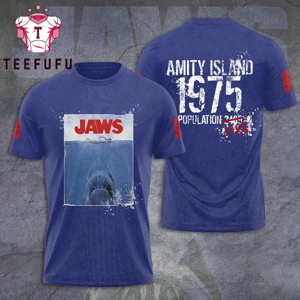 Jaws Movie Poster Tee Scary Shark Scene from 1975